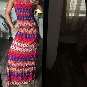 Massimo Multicolor Strapless Maxi Dress in Red, Purple, Blue and Gold